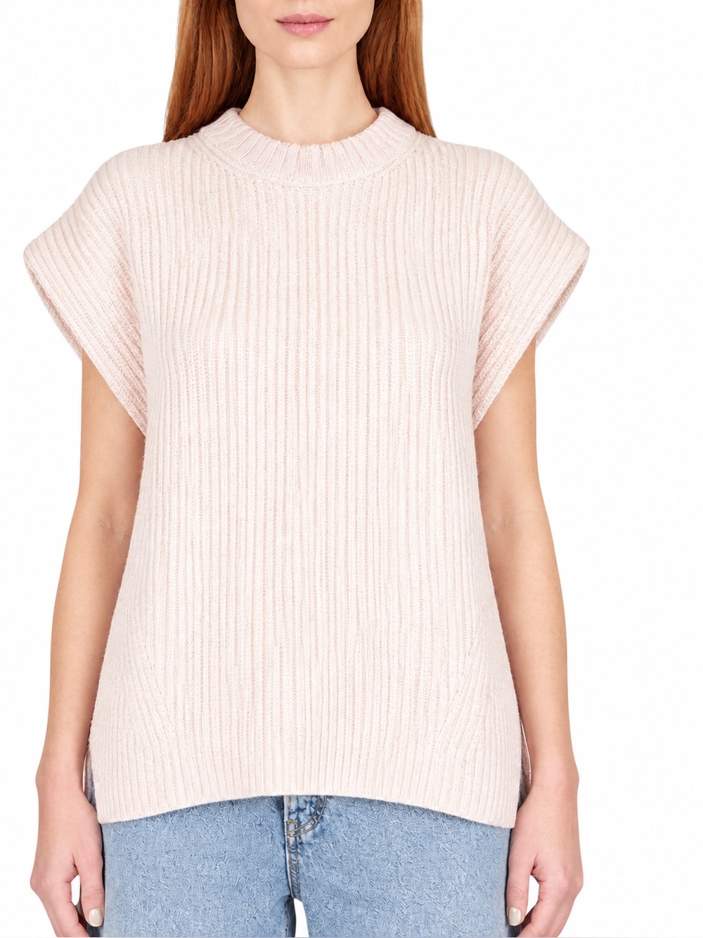 GANNI Chalk Pink Wool Ribbed Knit Oversized Sleeveless Sweater Vest Size S